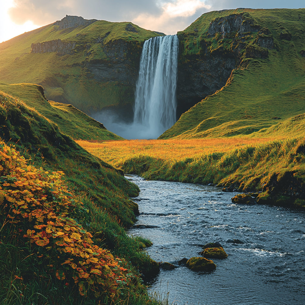 sebastian069710_waterfall_in_the_hills_of_Iceland_--quality_2_-_5aa6f46a-b2e7-4558-8185-5b97920c3a6b